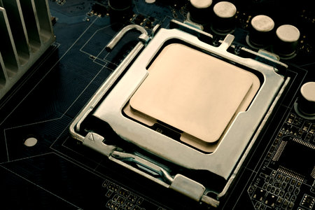 CPU with blank surface for writing texts. The CPU placed on the motherboard is the main circuit of...