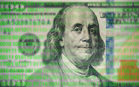 digital money or finance technology concept. dollar banknote with digital code screen computer...