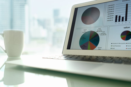 Accounting office desk concept. Balance sheet and business earning report showing on laptop computer...