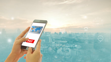Payments concept. Mobile banking network. business people using mobile phone with icon application...