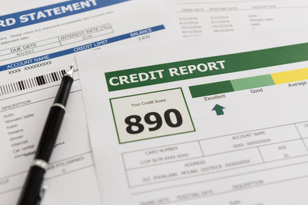 credit report and debt payment history document on desk.