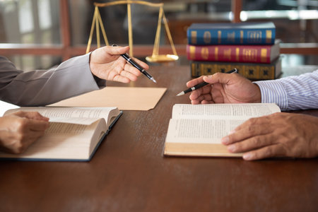 lawyers having team meeting at law firm in background. Concepts of law,legal advice and services,...