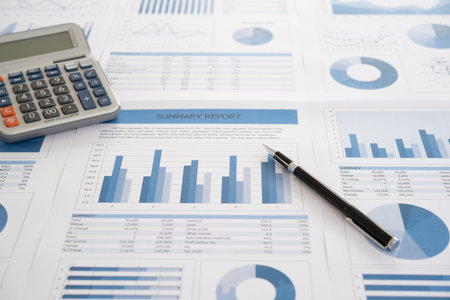 Data Analysis. Pen with business report on financial advisor desk. Concept of business planning ,...
