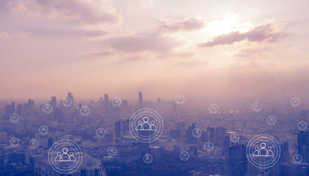 social network background and communication technology connection with city business.