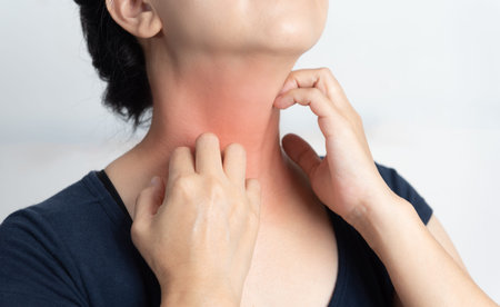 Itching of skin diseases in women using the hand-scratching. Red around the Itching area. Concept...