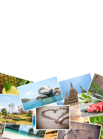 Postcards on travel pictures on a white background- can be used to display your products or promotional and advertising posters.の写真素材