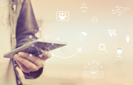 internet of things connection concept. business people using laptop computer and smartphone with...