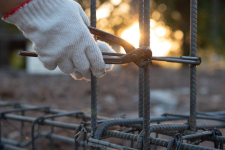 construction workers fabricating steel reinforcement bar for ground beam at the construction site.