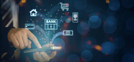 mobile banking network. business people using mobile phone with icon application online payment.の写真素材