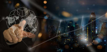 Blockchain connect technology abstract concept. Hand of touching futuristic network connection, internet, innovation, and technology.の写真素材