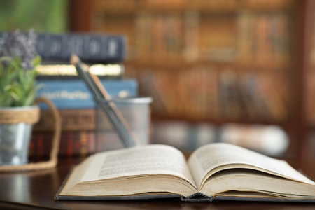 Open book on the desk in the office. Education, books concept.の写真素材