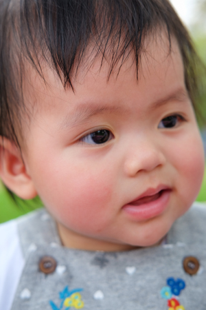 Cute Baby girl playing in the garden, close-up portrait, Portrait of a beautiful baby girlの写真素材