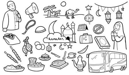 Set of hand drawn doodle related to Ramadan holy monthのイラスト素材
