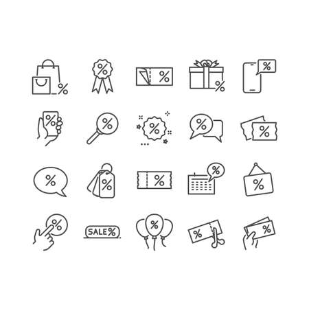 Simple Set of Discount Related Vector Line Icons. Contains such Icons as Coupon, Ribbon with Percent Sign, Discount online Discount date and more. Editable Strokeのイラスト素材