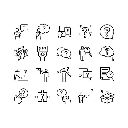 Set of Question Related Vector Line Icons. Contains such Icons as Puzzle, Confused Man, Question Mark, Asking, problem solving and more. Editable Strokeのイラスト素材