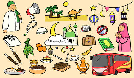Set of vector doodle element related to holy Ramadan. Muslim fasting during Ramadan holy month event. Colored doodleのイラスト素材