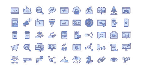 Set of SEO and marketing icons. Contains icon such as email, marketing, SEO, promotion, funneling, ads, landing page etc. editable strokeのイラスト素材