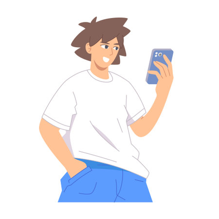 Using smartphone illustration. Young man checking his smartphoneのイラスト素材