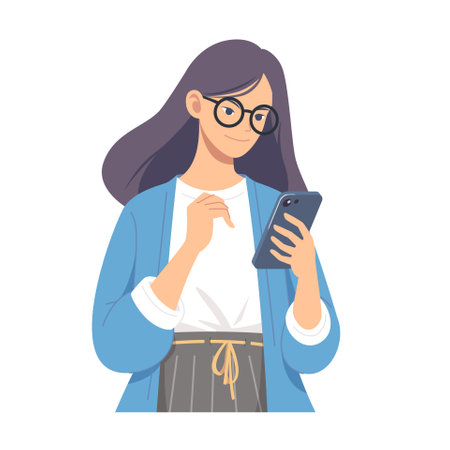 Using phone illustration. Young girl checking her smartphoneのイラスト素材