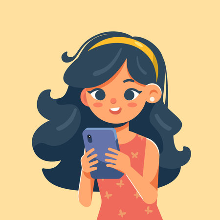 Using phone illustration. Cute little girl using her smart phoneのイラスト素材