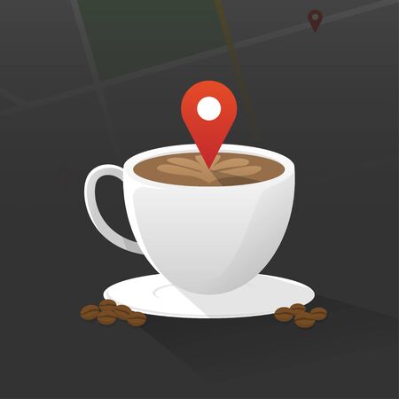 Coffee cup with map background and pin pointer symbol, coffee shop check in concept, flat vector illustration.のイラスト素材