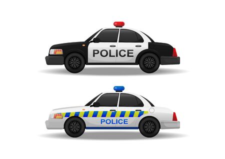 Police car side view on white background, vector illustration, isolatedのイラスト素材