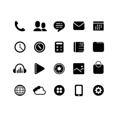 Set of smartphone application icons, flat UI silhouette button on white background, isolated vectorのイラスト素材