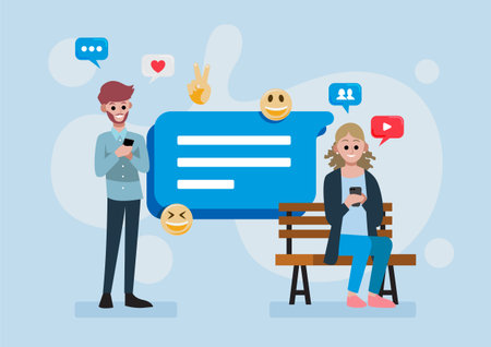 man and woman using smartphone for social media, social media chat or messenger communication...