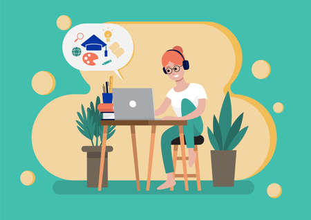 Vector of smiling woman in headphone look at laptop for studying or learning online course, flat style vector illustrationのイラスト素材