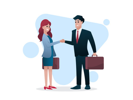 Man and woman with briefcase shake hand, business deal or investor concept, vector illustrationのイラスト素材