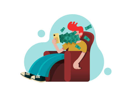 Man using smartphone and sitting on armchair with dollars bills flying away from screen, money transfer, e-commerce and digital investment concept, vector illustrationのイラスト素材