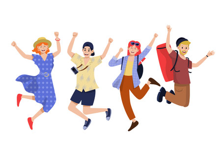 Four tourists jump in mid-air, vector illustrationのイラスト素材