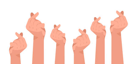 Many hands up make mini heart sign on white background, vector illustrationのイラスト素材