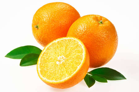 orange fruit with leaves isolated on white backgroundの写真素材