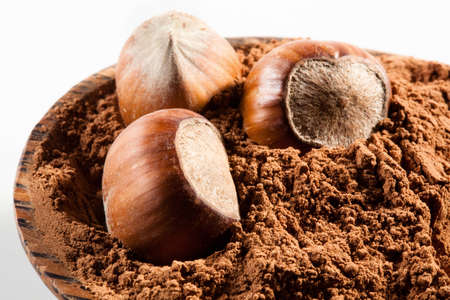 Filbert  Nuts in cocoa powder on whiteの写真素材