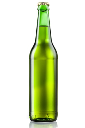 Green bottle of beer isolated on white backgroundの写真素材