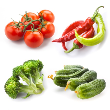 cucumber, tomato, broccoli, pepper chili isolated on white backgroundの写真素材