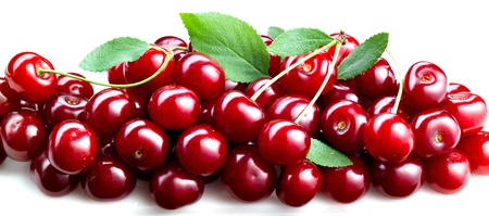cherries with leaves isolated  fruit backgroundの写真素材
