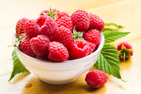 Raspberries with leaves