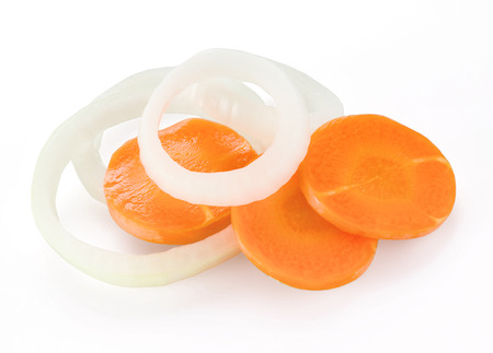 Carrot and onion slices isolated on white with clipping pathの写真素材
