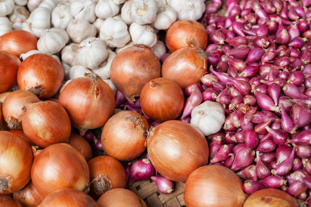Garlic and onion. Vegetables background.の写真素材
