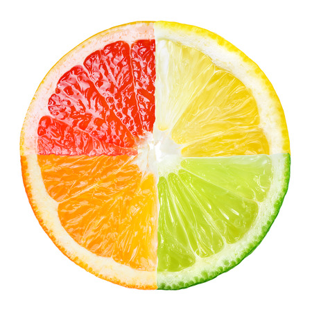 Citrus fruit. Collage of orange, lemon, lime, grapefruit slices isolated on white.の写真素材