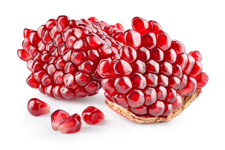 Pomegranate. Fresh raw peeled fruit. Piece of pomegranate isolated on whiteの写真素材