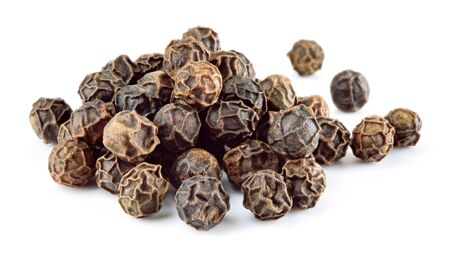 Peppercorns. Black pepper. Peppercorn isolated on white. Macro. Shallow depth of field.の写真素材