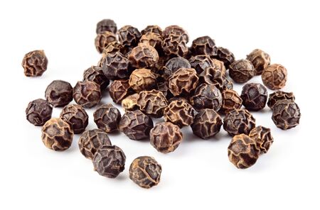 Peppercorn. Black pepper. Peppercorns isolated on white. Macro. Soft focus.の写真素材