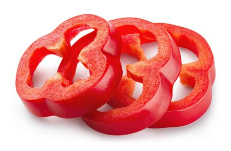 Red paprika. Pepper slices isolated. Red bell pepper. Cut peppers. With clipping path. Full depth of field.の写真素材