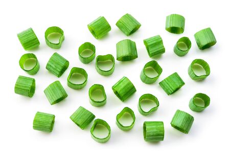 Chopped fresh green onions. Spring chopped onions. Green onion isolated. Flat lay.の写真素材