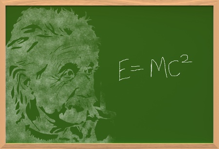 einstein on chalkboard with e is equal to mc squareのeditorial素材