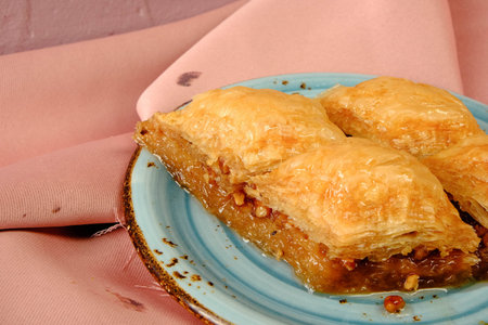 Traditional turkish dessert baklava with cashew, walnuts. Homemade baklava with nuts and honey.
