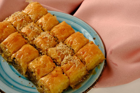 Traditional turkish dessert baklava with cashew, walnuts. Homemade baklava with nuts and honey.